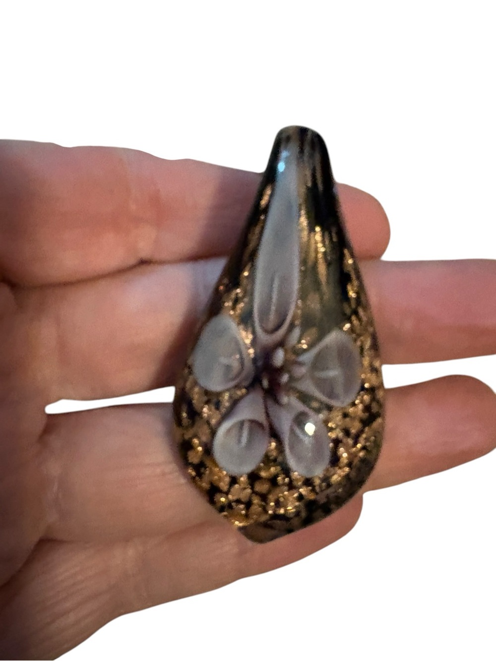 Vintage Murano Style Art Glass Pendant Necklace Lavender Flower & Gold 26" Chain - Picture 4 of 9